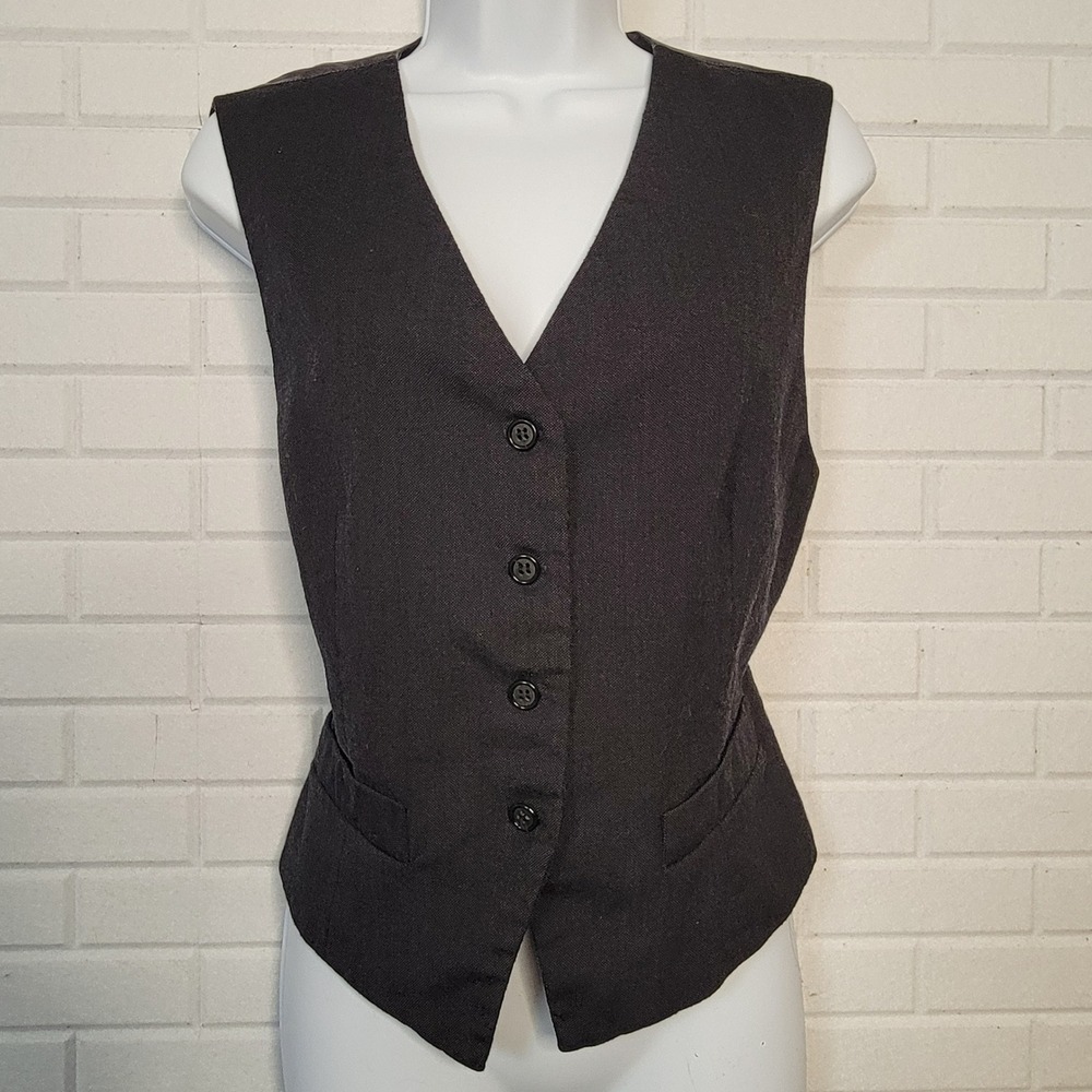 Vintage 1980s Anne Klein Black Wool Tailored Waistcoat Vest Sz 12 Minimalist‎